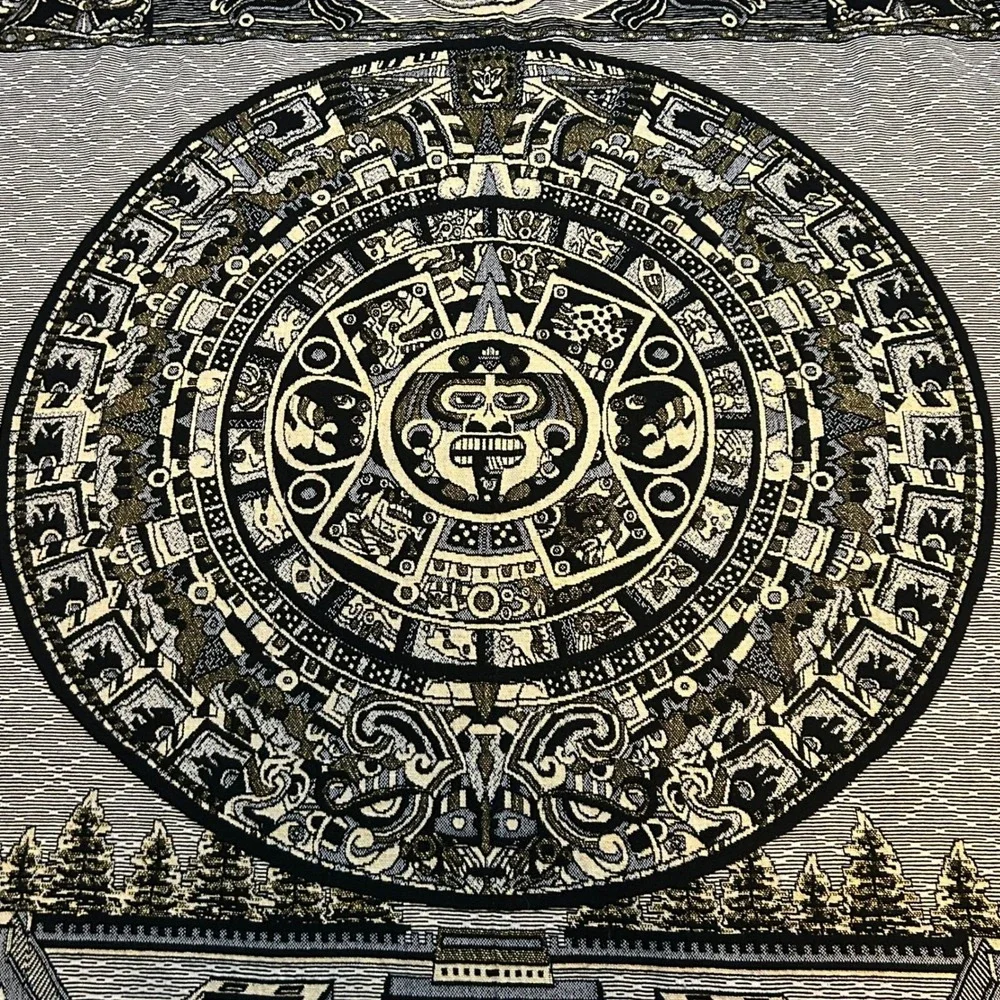 Mexican Aztec Mayan Sun Stone Calendar Woven Tapestry Blanket Jaguar Pyramids